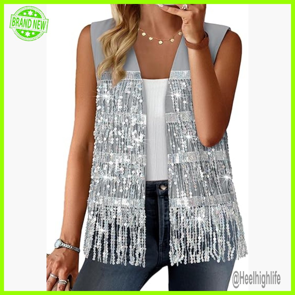 Sequin Fringe Sleeveless Vest Lightweight Fitted Jacket Cardigan